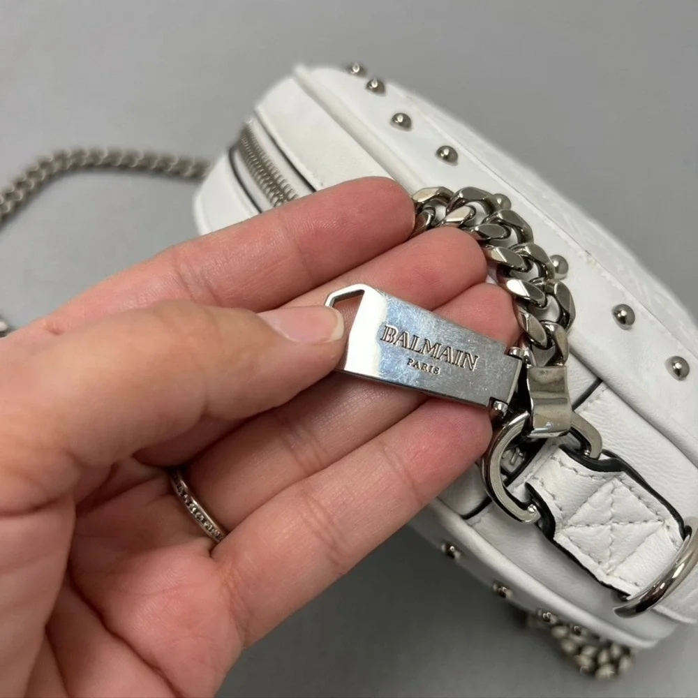 Balmain‎ Disco Leather Circle Crossbody Shoulder Bag White Small Chainlink Strap - Picture 3 of 16